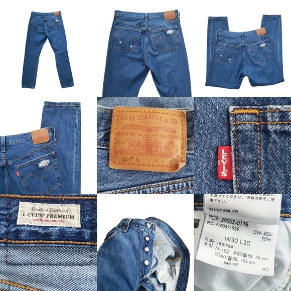 Levi's 501 Skinny Premium Jeans Big "E" Denim Blue Wash Distressed Size 30 hi Ri - Picture 4 of 16